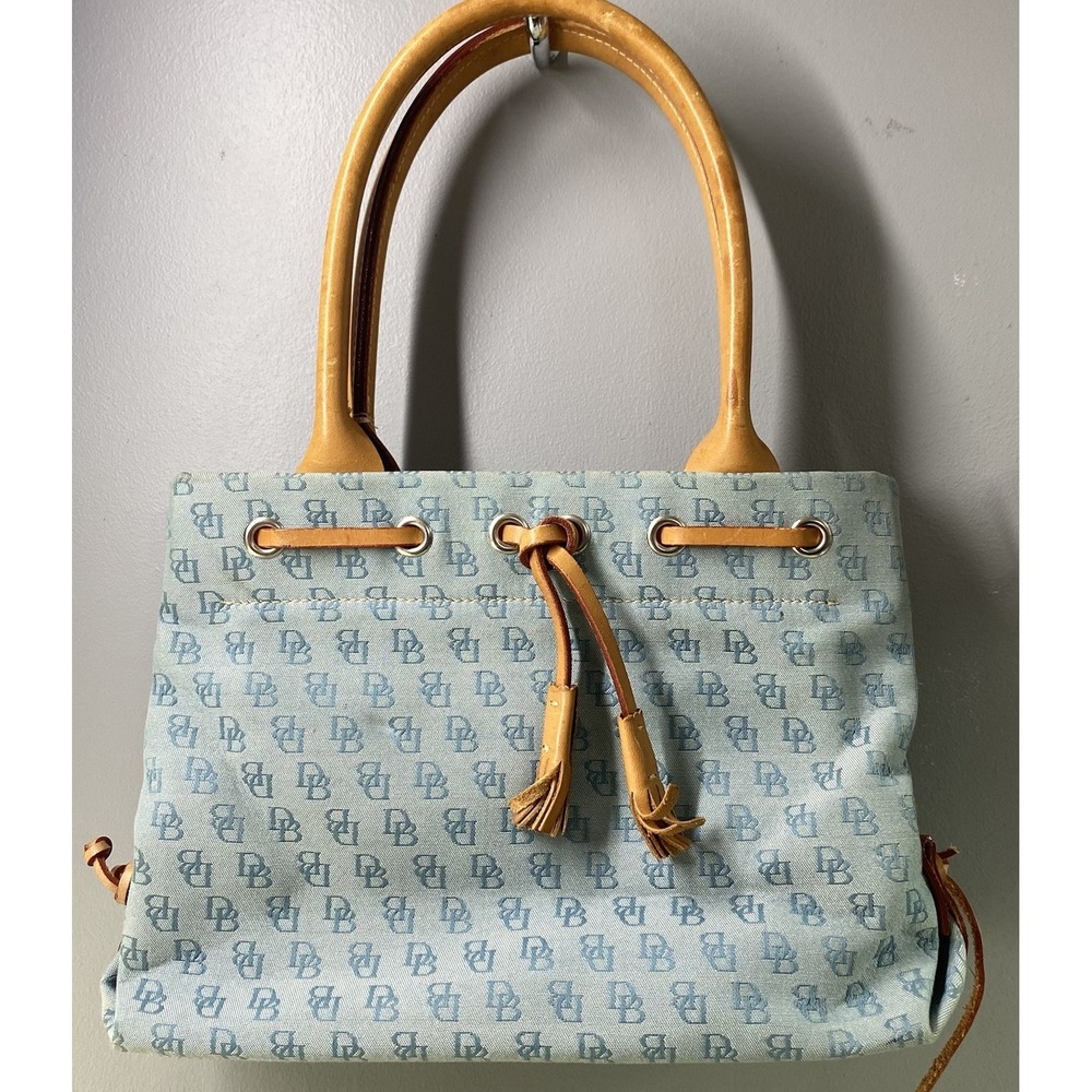 Vintage Dooney&Bourke Baby Blue‎ Signature Canvas and Leather Tassel Bag 8x11x4"